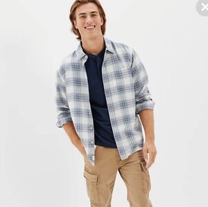 American Eagle Super Soft Plaid Everyday Shirt, White/Blue, Size XS